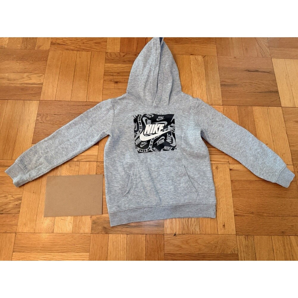 Nike Unisex Kids Gray Pullover Hoodie Logo Graphic Hooded Pockets Size 6/7